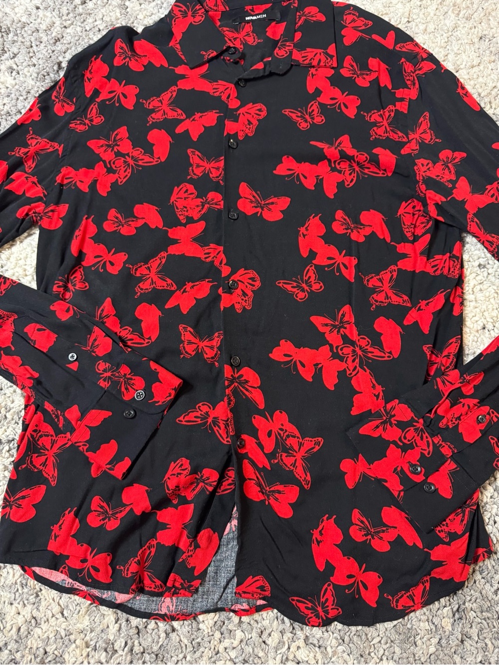 Fashion Nova, Men’s Black Long Sleeve Button-Down Shirt with Red Butterfly Print - Picture 2 of 6